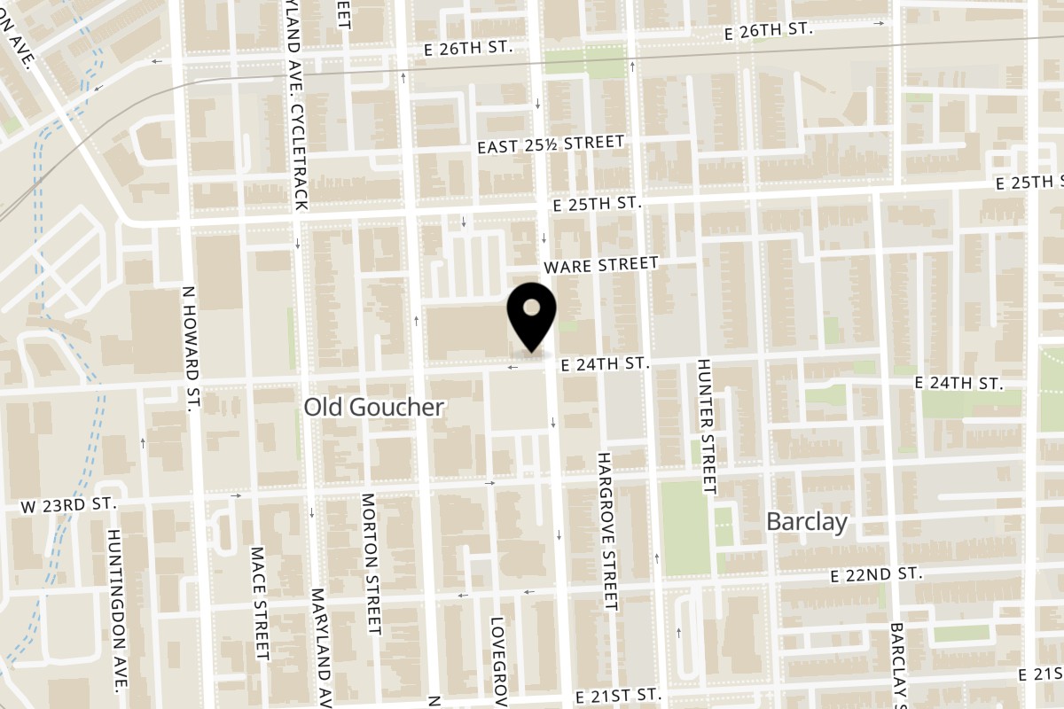 Map showing the location of American Wings Pizza on 2400 St Paul St in Baltimore